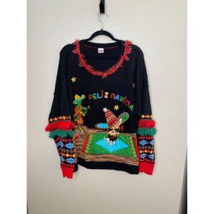 Holiday Time Feliz Navidad Plus 3X Ugly Christmas Sweater Fringe & Embroidery